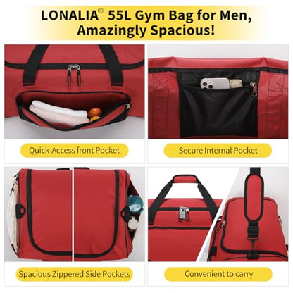 55L Large Gym Duffle Bag for Men, 22 inch, Red | Heavy Duty, Gym Duffel Bag, Multi Pockets, Spacious - color: Red