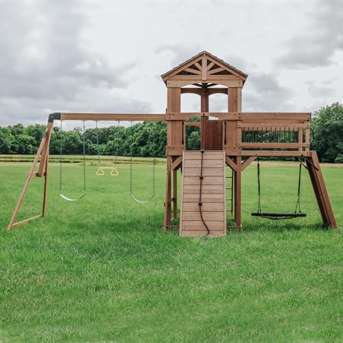 Backyard Discovery Sterling Point Cedar Wood Swing Set with Wave Slide, Raised Clubhouse, Wooden Bridge, Rock Wall, Belt Swings, Web Swing, Trapeze, Balcony, Climbing Wall, Ladder, Outdoor Playset - color: Green Slide, style: Cedar
