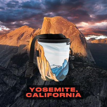 Rock Climbing Chalk Bag | for Outdoor, Gym, & Bouldering | Adjustable Waist Belt, Durable Drawstring Closure, & Zippered Pocket - style: Yosemite Valley