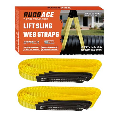 Polyester Lift Sling Web Straps 1 in x 8 ft 4000 lbs WLL 2-Pack, RUGOACE | Reinforced wear guard loop ends for hoist rigging machinery tree saver furniture lifting. 1333 lbs working load limit - style: 2pk 1in x 8ft