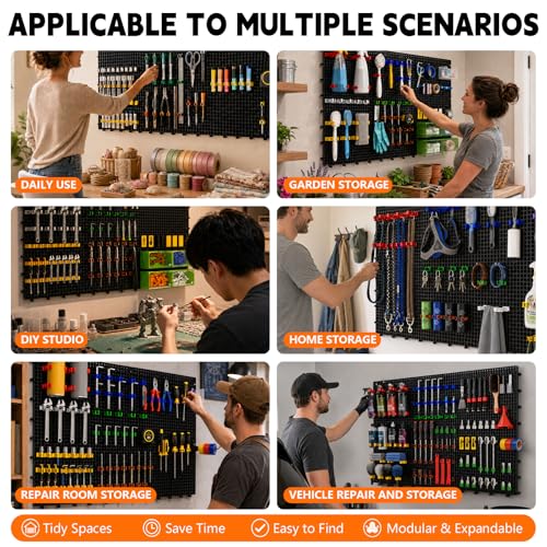 Plastic Pegboard Wall Organizer Kit, 6 Black Panels 36" x 16", 200 Accessories with Hooks, Clips & Holders, Modular Tool Storage Board for Garage, Workbench, Craft Room, Home Repair