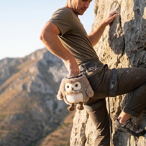 Fluffy Owl Plush Chalk Bag, Drawstring Magnesia Storage Pouch with Adjustable Waist Strap, Portable Animal Shape Gym Chalk Holder for Rock Climbing Bouldering Weight Lifting Training