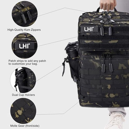 LHI Military Tactical Backpack for Men and Women 45L Army 3 Days Assault Pack Bag Large Rucksack with Shoe Compartment - color: 1.2 Black Cp