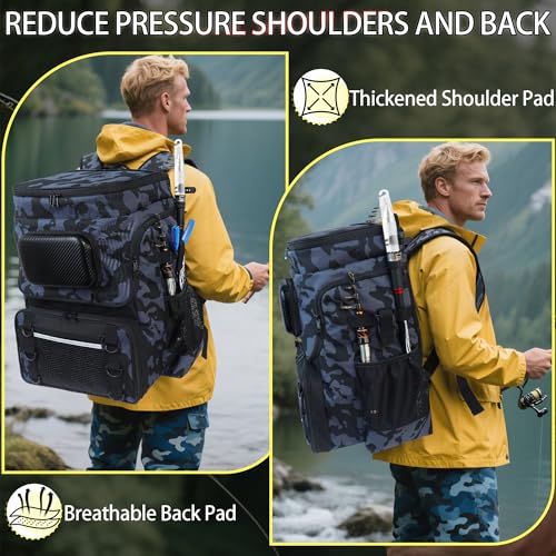 Fishing Backpack with Rod Holder, Large 50L Tackle Bag Water Resistant Tackle Backpack Heavy Duty Fishing Bag Gift for Men Woman - color: A: Camo