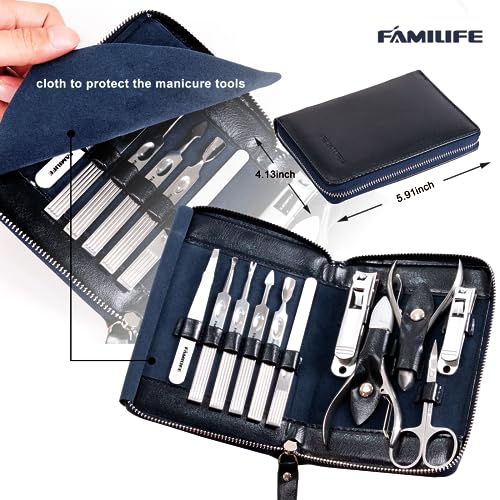 Manicure Kit, FAMILIFE Professional Manicure Set Nail Kit, 11 in 1 Stainless Steel Nail Clippers Set for Men Pedicure Tool, Men Grooming Tool with Portable Blue Leather Travel Case Luxury Gifts - color: Navy Blue