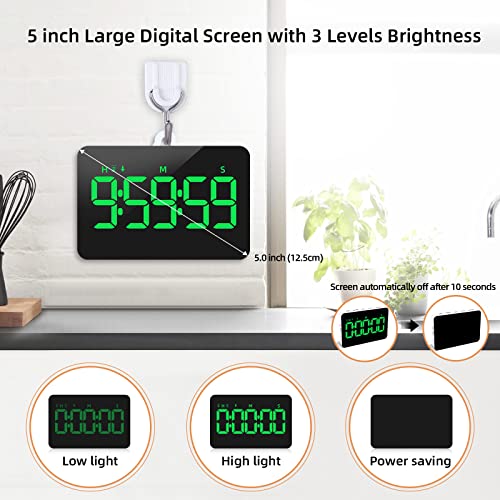 Samshow Rechargeable Digital Kitchen Timer, Green, 5 Inch | Countdown/Up, 3 Adjustable Brightness, 4 Adjustable Volume , 5" LED Display, Magnetic, For Classroom/Office/Home/Work/Game - color: Green