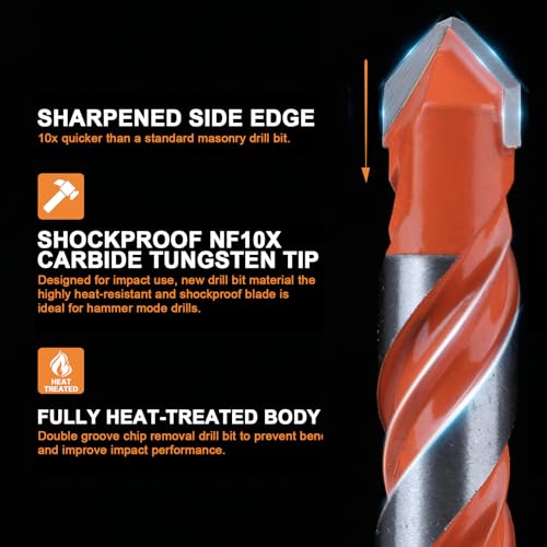 Concrete Drill Bits, 1/4" Hex Shank Masonry Bits, 10PCS | carbide masonry drill bits for concrete, brick, tile, glass, cement and plastic with hex shanks - size: 1/4 in