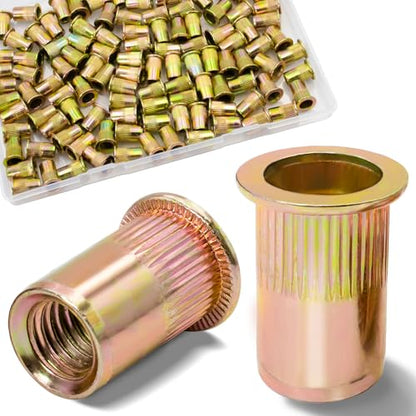 115Pcs M6 Rivet Nuts, Metric Zinc Plated Finish Carbon Steel Flat Head Threaded Insert Nutsert Kit - color: Yellow, size: Metric M6 - 115 Pcs