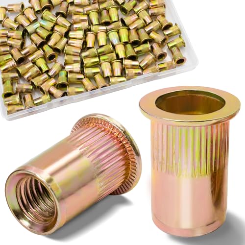 115Pcs M6 Rivet Nuts, Metric Zinc Plated Finish Carbon Steel Flat Head Threaded Insert Nutsert Kit - color: Yellow, size: Metric M6 - 115 Pcs