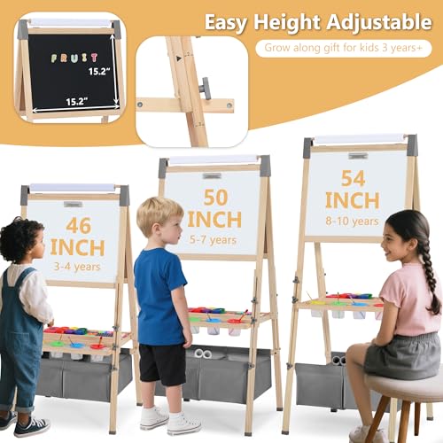 Kinder King Adjustable Wooden Kids Art Easel, Paper Roller, Storage (Grey) | Double-Sided Magnetic Whiteboard & Chalkboard, Art Supplies, Indoor & Outdoor, Painting & Drawing, 3 Years+, Gift - color: Grey