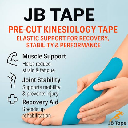 JB Tape Kinesiology Tape, 80 Precut Strips, Blue, Latex‑Free, 4 Rolls | Elastic, Latex-Free, Water Resistant, Athletic Muscle & Joint Support - color: Blue Pacific