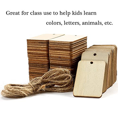 115 Pcs Unfinished Wood Pieces Rectangle-Shaped, HOOMBOOM 2 x 1.3 inch Light Wooden Cutout Natural Rustic with Hemp Rope, for Holiday Craft Projects, Hanging Decorations, Painting, Staining