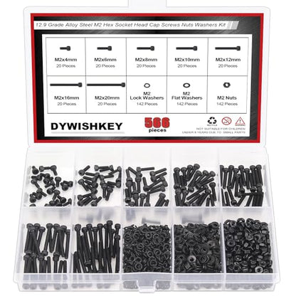 DYWISHKEY 566 Pieces M2 Black Screws, 12.9 Grade Alloy Steel M2x 4/6 /8/10 /12/16 /20mm Hex Socket Head Cap Screws Bolts Nuts Washers Assortment Kit - size: M2, style: Socket Head