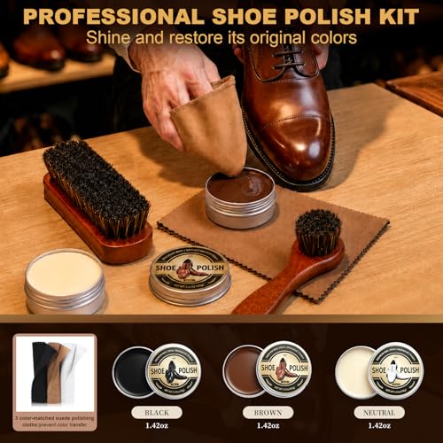 16-in-1 Shoe Polish Kit, Leather Shine Care Cleaning Kit, Black Brown Neutral Shoe Polish, Saddle Soap Mink Oil for Boots, 3 Horsehair Brushes, Sponges, Cloth with Travel Bag, Gift for Men Women