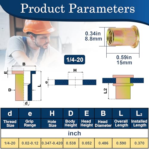 1/4 Rivet Nut, 115Pcs Carbon Steel Zinc Rivet Nuts 1/4-20, 1 4 20 Threaded Insert Rivnut, Flat Head 1 4 x 20 UNC Rivets Nutsert, 1 4 RIV Nuts - color: Yellow, size: SAE 1/4"-20 - 115 Pcs