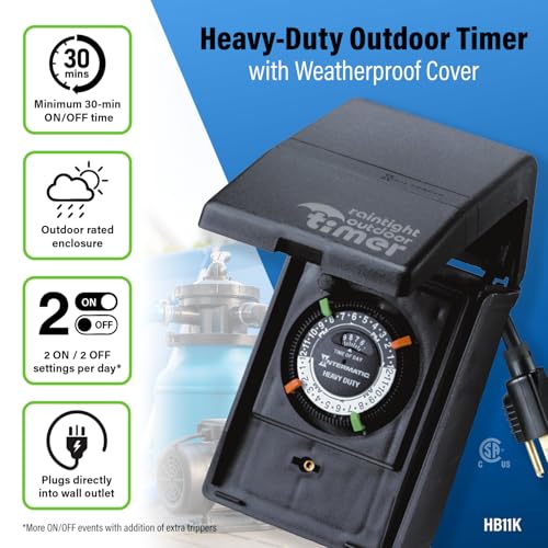 Intermatic HB11K Heavy-Duty Outdoor Plug-in Timer – 2 ON/2 Off Settings, 30-Min Minimum Intervals, Weatherproof Flip Cover, 15A/1800W, 1 HP Rated, 13" Cord – Ideal for Pool Pumps, Lights, Decorations
