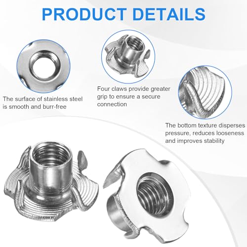 M METERXITY 20-Pack M10x13mm T-nut, 4-Pronged Tee Nut Threaded Insert | Stainless Steel, for Wood, Rock Climbing Holds, Furniture, Corrosion Resistant Fasteners - size: M10x13mm