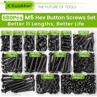 680 x M5 Nuts and Bolts Assortment Kit 6mm-40mm, 11 Length Button Head Hex Socket Cap Machine Screws 12.9 Alloy Steel M5 Screw Assortment, Bolts and Nuts Kit 6/8/10/12/14/16/20/25/30/35/40MM - size: E. M5