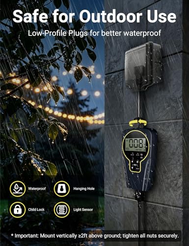 Techbee Repeat Cycle Timer Plug Outlet, 15A 1HP | 1 s to 999 h Interval, Short/Long On-Off, Countdown, Light Sensor, Waterproof for Outdoor