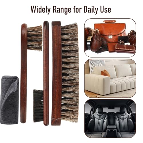 4-Piece 100% Horse Hair Shoe Brush Kit Premium Dauber Applicators Leather Care Cleaning Set with Polishing Brushes and Microfiber Cloth for Leather Suede Shoes Boots Bags Cars Cleaning Polishing