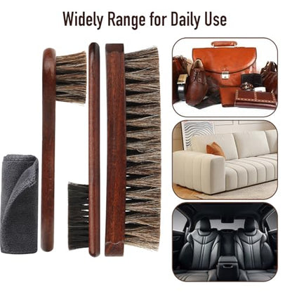 4-Piece 100% Horse Hair Shoe Brush Kit Premium Dauber Applicators Leather Care Cleaning Set with Polishing Brushes and Microfiber Cloth for Leather Suede Shoes Boots Bags Cars Cleaning Polishing