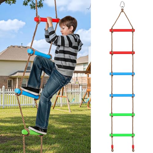 6.6 Ft Climbing Rope Ladder for Kids, Hanging Rope Ladder for Indoor Play Set and Outdoor Tree House, Playground Swing Set and Ninja Slackline | 6-Rung Ninja Line Ladder | Ladder to Climb Tree Kids | Playground Backyard Play Set Accessories - style: Rope