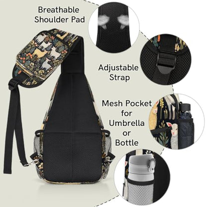 Sheep Flowers Sling Bags for Women Men, Waterproof Crossbody Sling Backpack Travel Outdoor Sports Chest Bag - color: Black