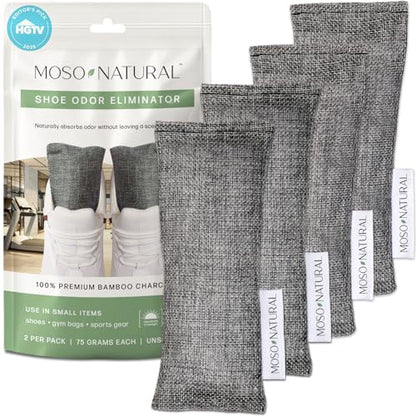 Moso Natural Shoe Deodorizer Inserts (2 Pack) Charcoal Odor Absorber for Shoes, Gym Bag & Boot Deodorizer, Unscented Shoe Odor Elimination, Air Purifying Bags, Lasts 2 Years (4 Bags) - style: 2 Pack (4 Total)