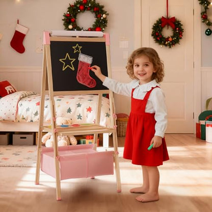 Kinder King Adjustable Wooden Kids Art Easel, Paper Roller, Storage (Pink) | Double-Sided Magnetic Whiteboard & Chalkboard, Art Supplies, Indoor & Outdoor, Painting & Drawing, 3 Years+, Gift - color: Pink