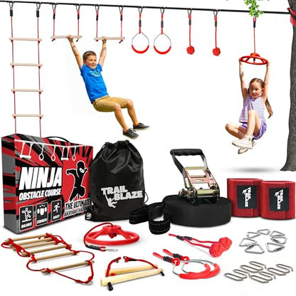Trailblaze Ninja Warrior Obstacle Course - Ultimate Outdoor Fun 50 Ft Ninja Slackline Climbing Net, Rope Ladder, Trapeze, Swing, Monkey Bars (50ft Single Line Kit – 8 Obstacles) - color: 50ft Single Line Kit - 8 Obstacles