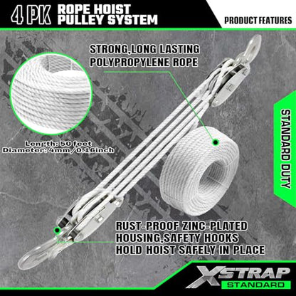 XSTRAP STANDARD Heavy-Duty 2,000 LB Breaking Strength 50 FT Rope Hoist | 1000Lbs work load, metal wheel bearing pulley for lifting heavy objects, includes 2 soft loops, heavy-duty rope hoist (White) - color: 50ft White Standard