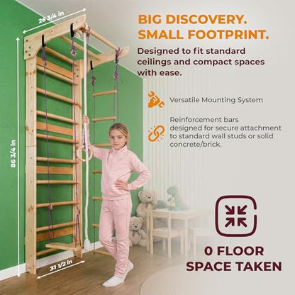 WEDANTA Wooden Swedish Ladder Wall Set – Kids Stall Bars for Exercise – Kids Swedish Gymnastic Wall Gym – Wood Stall Bar Gymnastics Playground – Best Gym for All Family - color: Wood