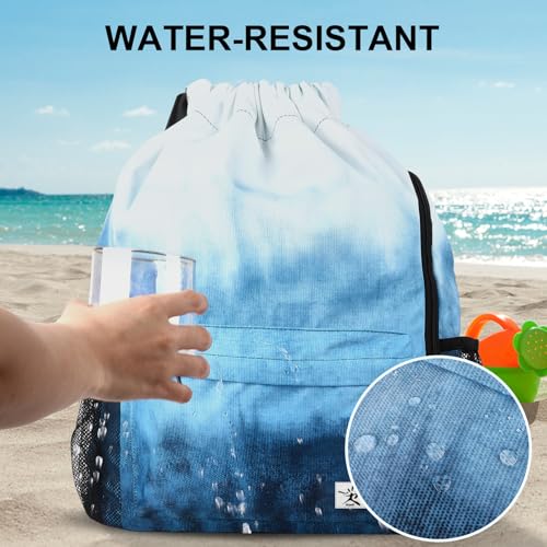 Drawstring Backpack with Mesh Pockets String Gym Bag Sackpack Sandproof Water Resistant Beach Backpack for Men Women - color: Gradient Blue