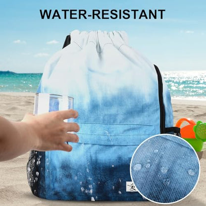 Drawstring Backpack with Mesh Pockets String Gym Bag Sackpack Sandproof Water Resistant Beach Backpack for Men Women - color: Gradient Blue