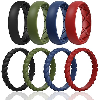 Egnaro Women's Stackable Silicone Rings, 2.5/5.5mm Wide 1.8/2mm Thick Bands | Comfort-Fit Rubber Bands Offer Breathable Flexibility for Nurses, Workouts, Pregnancy, Yoga, Travel, Office, and All-Day Wear - color: A37-Black, Olive Green, Dark Blue, Red