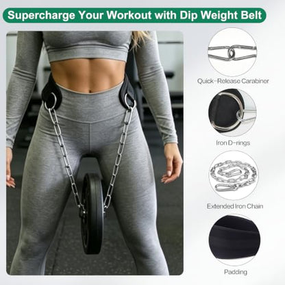 Dip Belt with Chain for Weightlifting, 33.5in Iron Chain, EVA Pad | 220lbs Load Load, Adjustable Fit, Anti-slip Support, Weighted Pull-ups Dips Squats, Unisex, Gym & Home Training