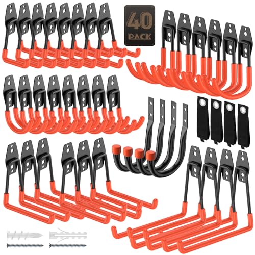Heavy Duty Garage Hooks for Storage & Hanging Items, 40-Pack | for Hanging Bikes, Hoses, Ladders, Ropes, Garden Tools; for Garage, Warehouse, Yard, Shed - color: 40-Pack Set Orange