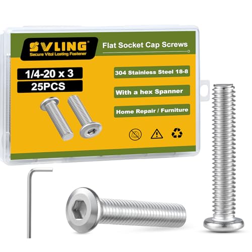 1/4-20 x 3 Bolt, 25PCS Flat Head Hex Socket Cap Screws Bolts, 304 Stainless Steel 18-8, Fully Threaded, with Hex Spanner - color: Silver, size: 1/4-20 x 3