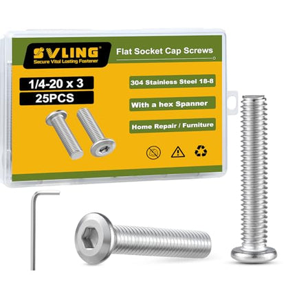 1/4-20 x 3 Bolt, 25PCS Flat Head Hex Socket Cap Screws Bolts, 304 Stainless Steel 18-8, Fully Threaded, with Hex Spanner - color: Silver, size: 1/4-20 x 3