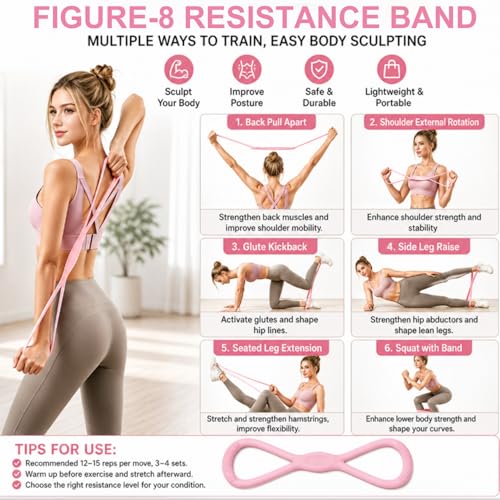 Figure 8 Resistance Band, 2PCS Figure 8 Resistance Bands for Women & Men, Non-Slip Handles Rubber Band for Arms, Back, Shoulder Stretch with Handles (Pink+Blue)