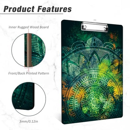 Rimilak Wood Clipboard, 8.5x11 Hardboard Clip Board, Green Mandala | Fun Design, Cute Custom Pattern, 9 x 12.5 in Letter Size for Classroom, Teachers, Kid, Woman, School & Office Supply - color: Green Mandala