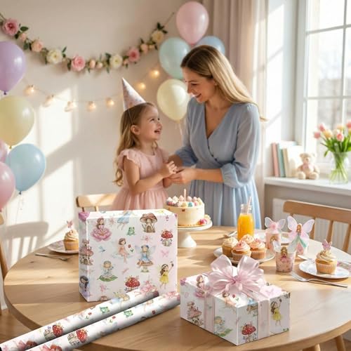 Liobelon Fairy Wrapping Paper Roll – 17" x 16.4 Ft Enchanted Forest Gift Wrap with Mushroom Houses, Flowers & Butterflies – Magical Birthday, Princess Party, Wedding Shower & DIY Craft Supplies - color: Fairy