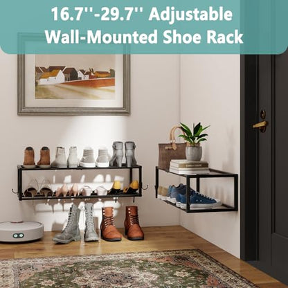 2 Pack Wall Mounted Shoe Rack, Expandable 16-29" with 4 Hooks | 2-Tier Metal Adjustable Hanging Shoe Rack Organizer Holds 16 Pairs for Entryway, Closet, Bedroom, Garage or Small Spaces - size: 29.72" W x 11" L x 7.68" H