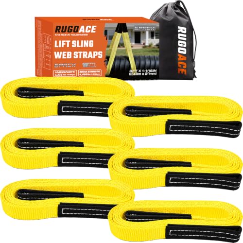Polyester Lift Sling Web Straps 1 in x 8 ft 4000 lbs WLL 6-Pack, RUGOACE | Reinforced wear guard loop ends for engine hoist rigging machinery tree saver lifting. 1333 lbs working load limit - style: 6pk 1in x 8ft