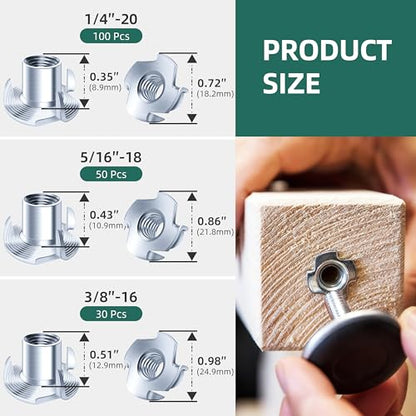 180-Pack 1/4"-20 5/16"-18 3/8"-16 T-Nuts Assortment Kit Zinc Plated Steel, 4-Pronged Tee Nut for Wood, Rock Climbing Holds T Nuts Set Nutserts for Wood Furniture