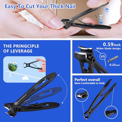 Toenail Clippers for Thick Nails for Seniors| INXEN 3-Pack Ergonomic Heavy Duty Angled Head Nail Clippers with Catcher | Premium Steel Wide Opening Fingernail Clippers Nail Cutter for Men & Women - style: Black Angled Head Nail Clipper Set