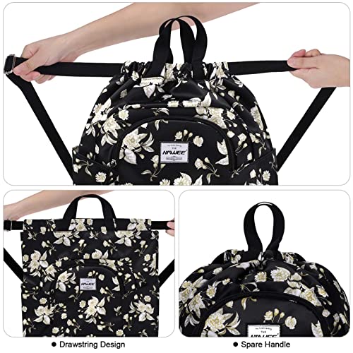 Dry Wet Drawstring Backpack with Shoe Compartment for Women Adjustable Gym Bag - color: Beige Flower