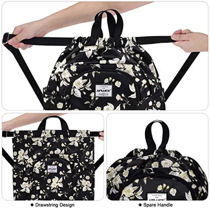 Dry Wet Drawstring Backpack with Shoe Compartment for Women Adjustable Gym Bag - color: Beige Flower