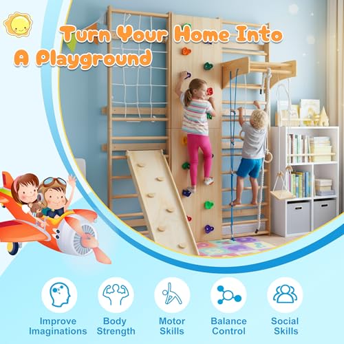 10-in-1 Indoor & Outdoor Wooden Playset for Kids, All-in-One Climbing Playground with Slide, Monkey Bars, Swing, Rock Wall, Climbing Net, Rings & Ladder –Sturdy Backyard Adventure Set for Active Play