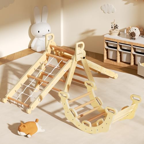 BlueWood 2025 8-in-1 Pikler Triangle Climbing Set Toddler Toys Indoor Baby Jungle Gym Climber Playground for Kids - Natural Wood - color: Natural Wood